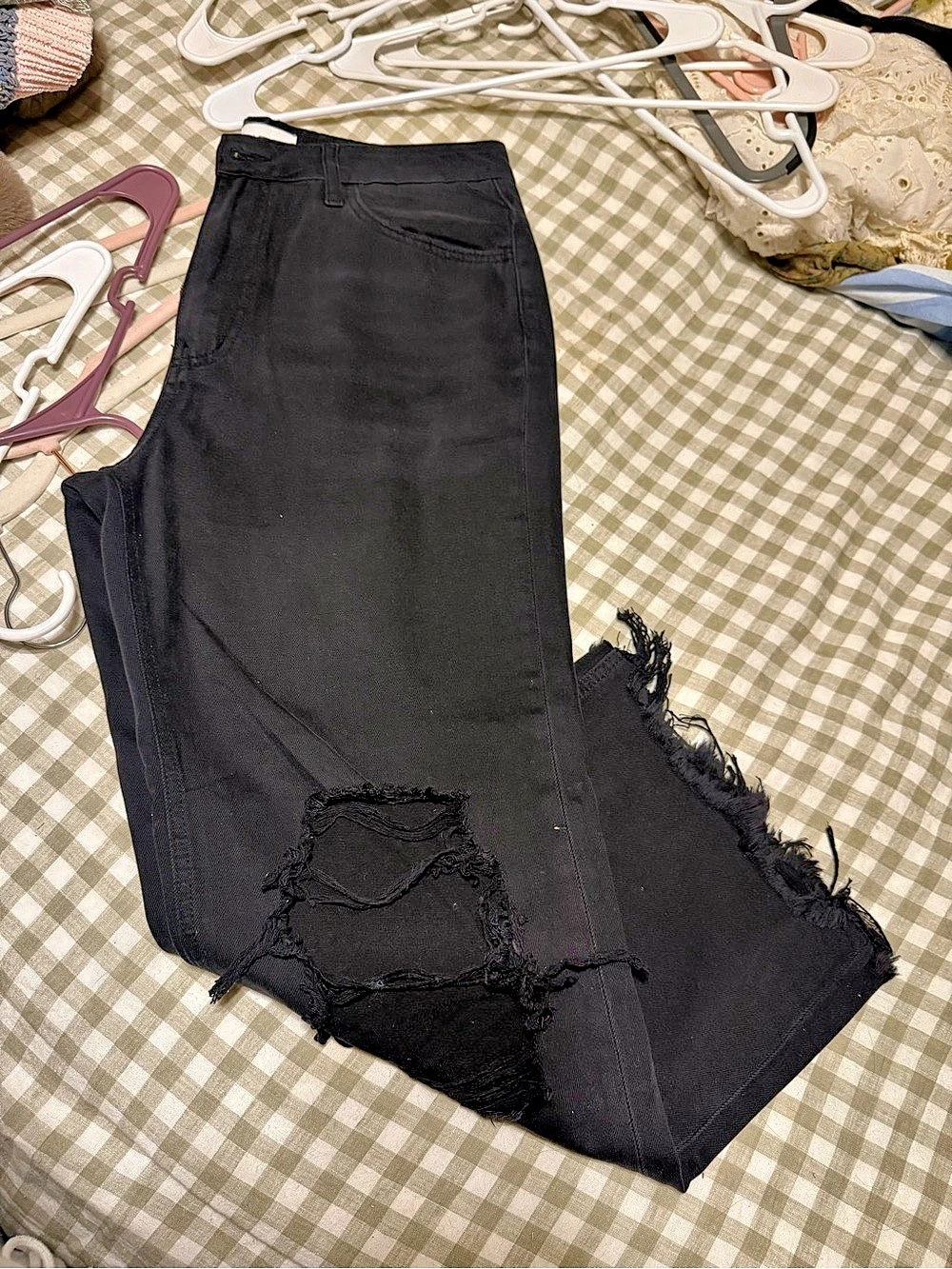 Cropped Wide Leg Distressed Black Jeans